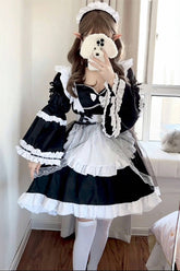 Black/White Maid Long Hime Sleeves Ruffle Bowknot Sweet Plus Size Lolita Dress Full Set